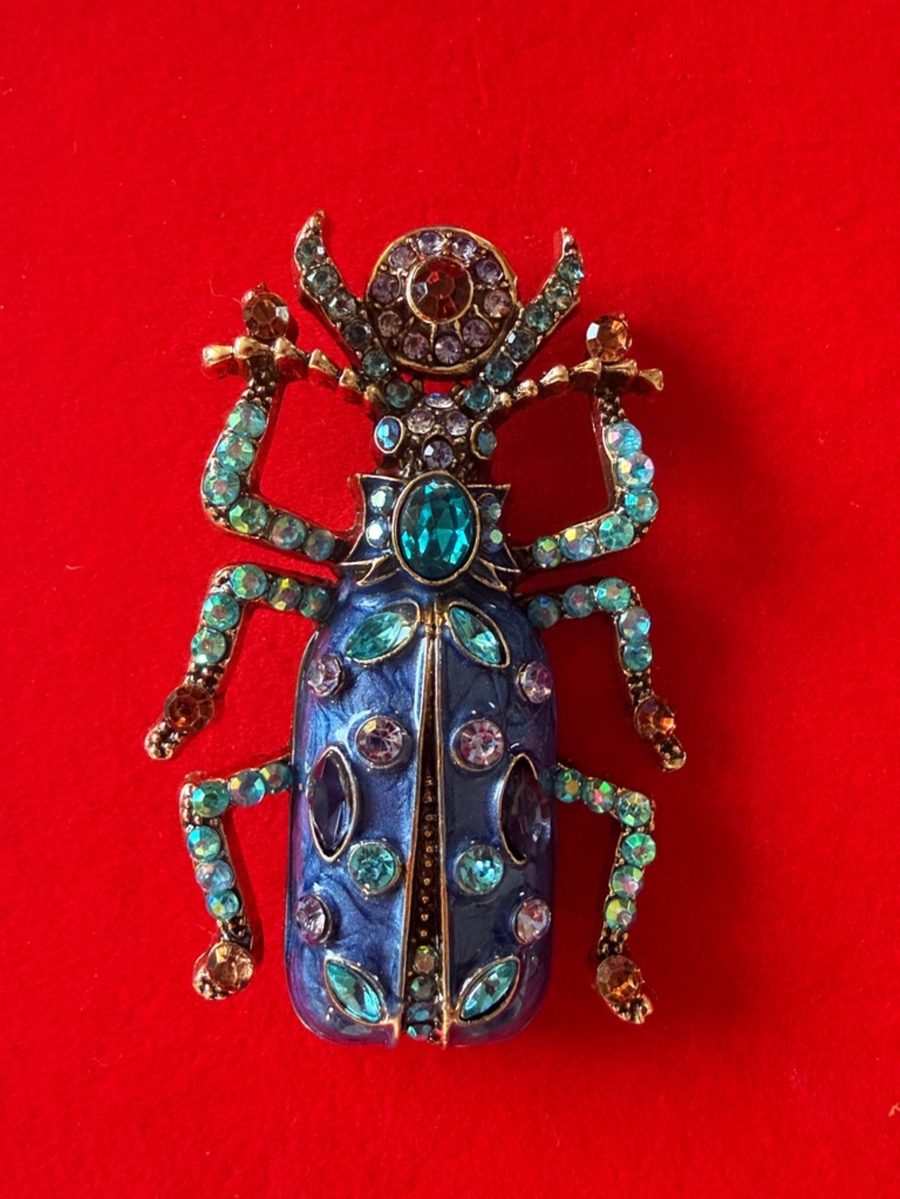 SOLD American Vintage Blue and Teal Crystal Beetle Brooch